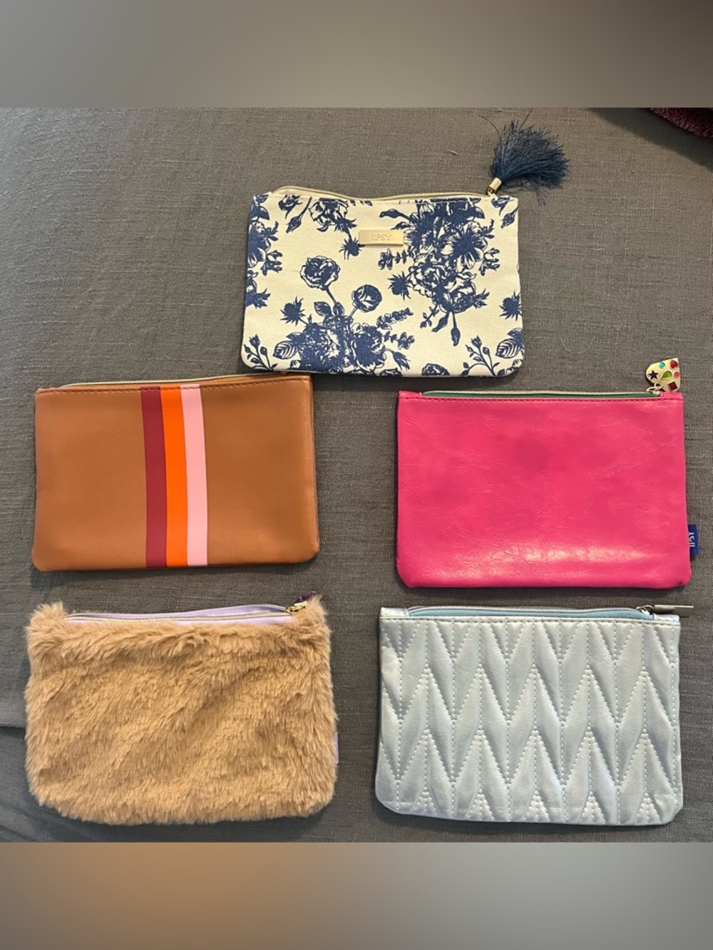 Ipsy Cosmetic Pouches - Floral Navy & Cream, Pink, Tan, Light Blue, Faux Fur